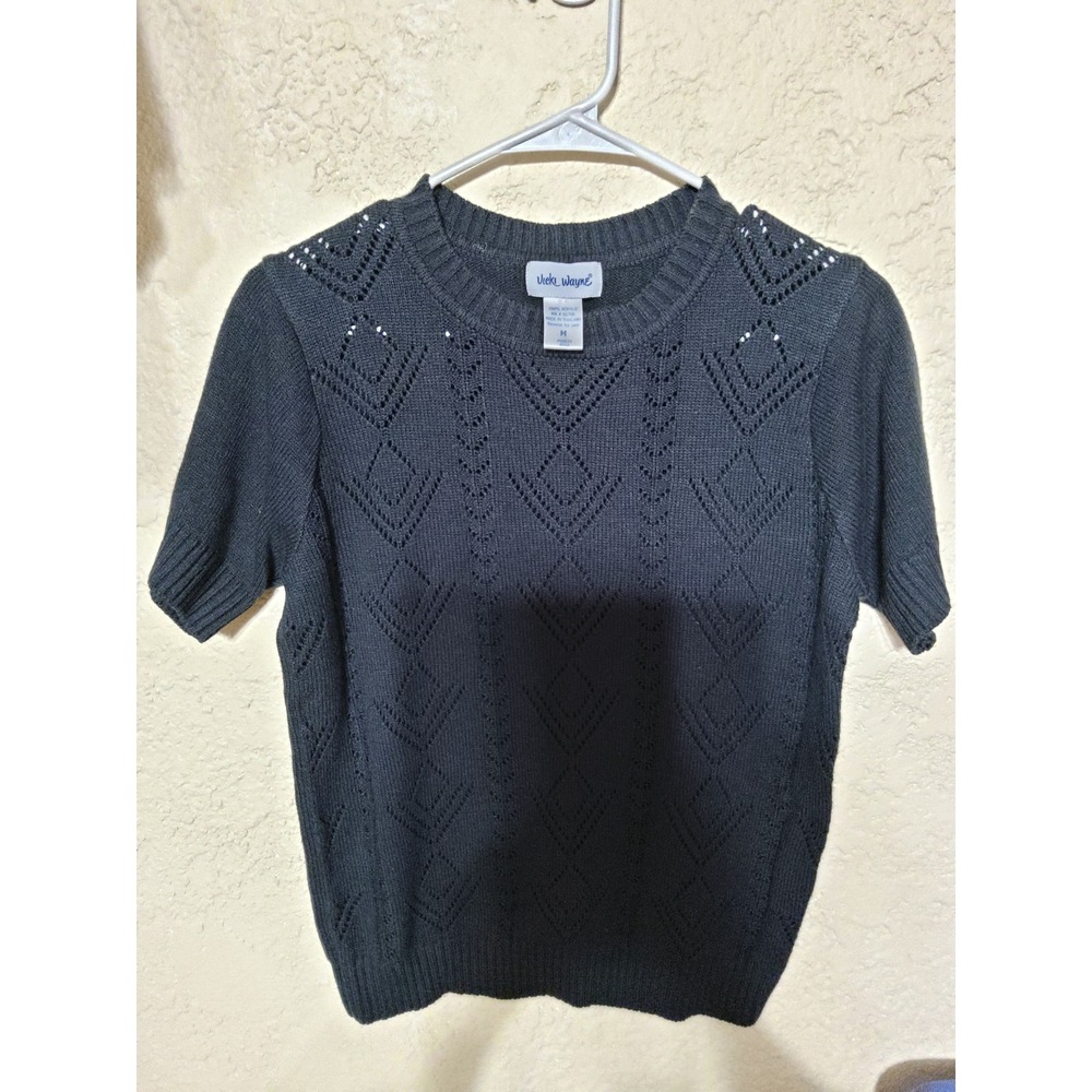 Vicki Wayne Black Short Sleeve Pointelle Diamond Knit Sweater Top Medium